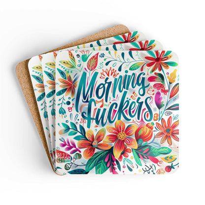 Colorful floral "Morning Fuckers" coaster set with high-gloss MDF top and cork back.