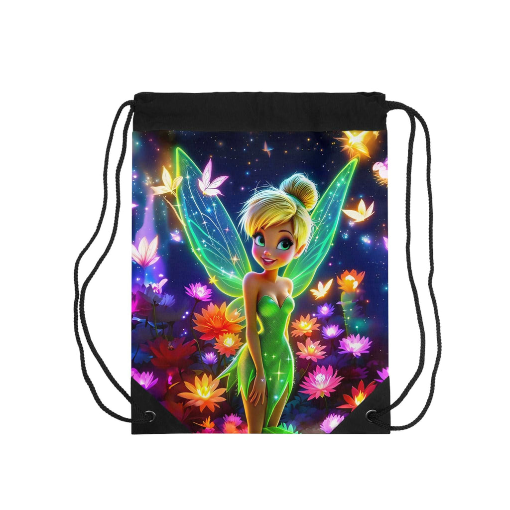 Neon Tinkerbell drawstring bag with vibrant fairy design and durable polyester material