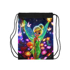 Neon Tinkerbell drawstring bag with vibrant fairy design and durable polyester material
