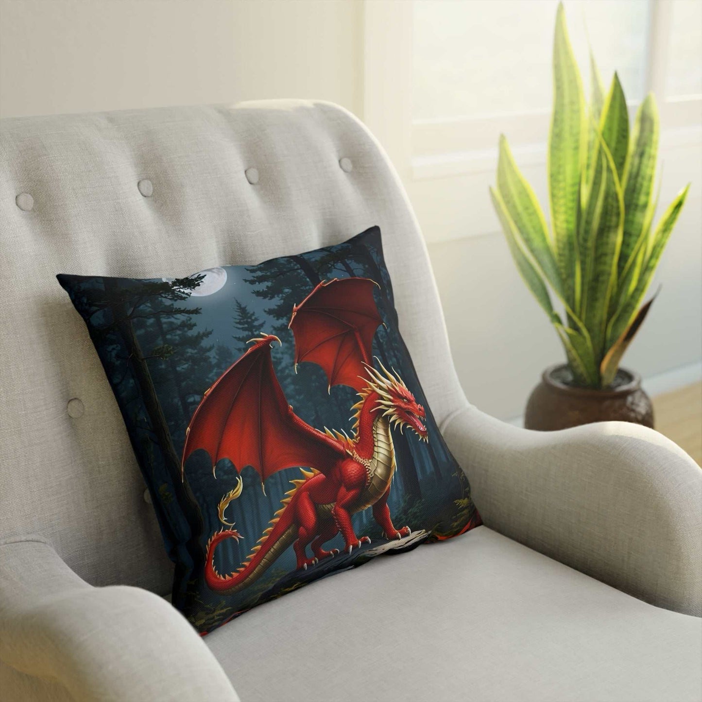 red dragon cotton drill square cushion on an arm chair designed by Littlebitz