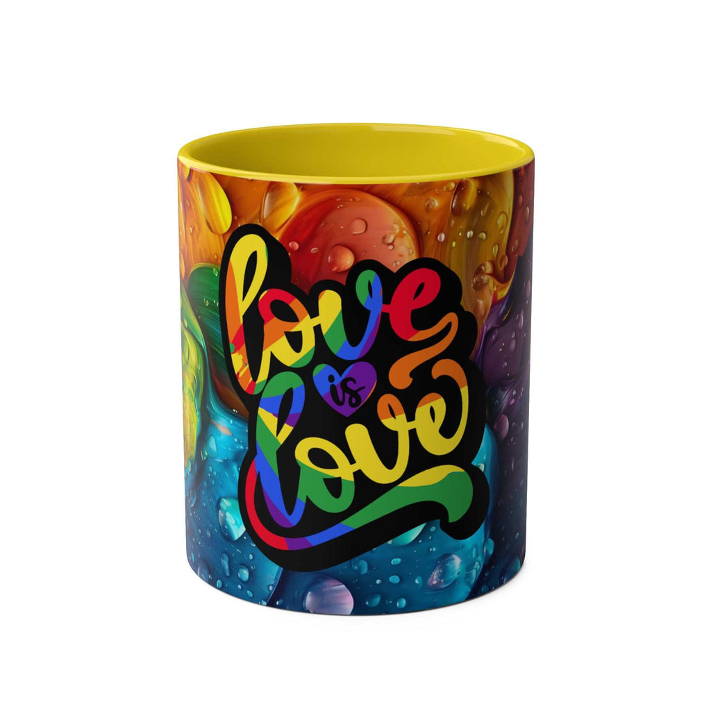 LGBTQ+ Pride mug with vibrant rainbow design and "Love is Love" message.