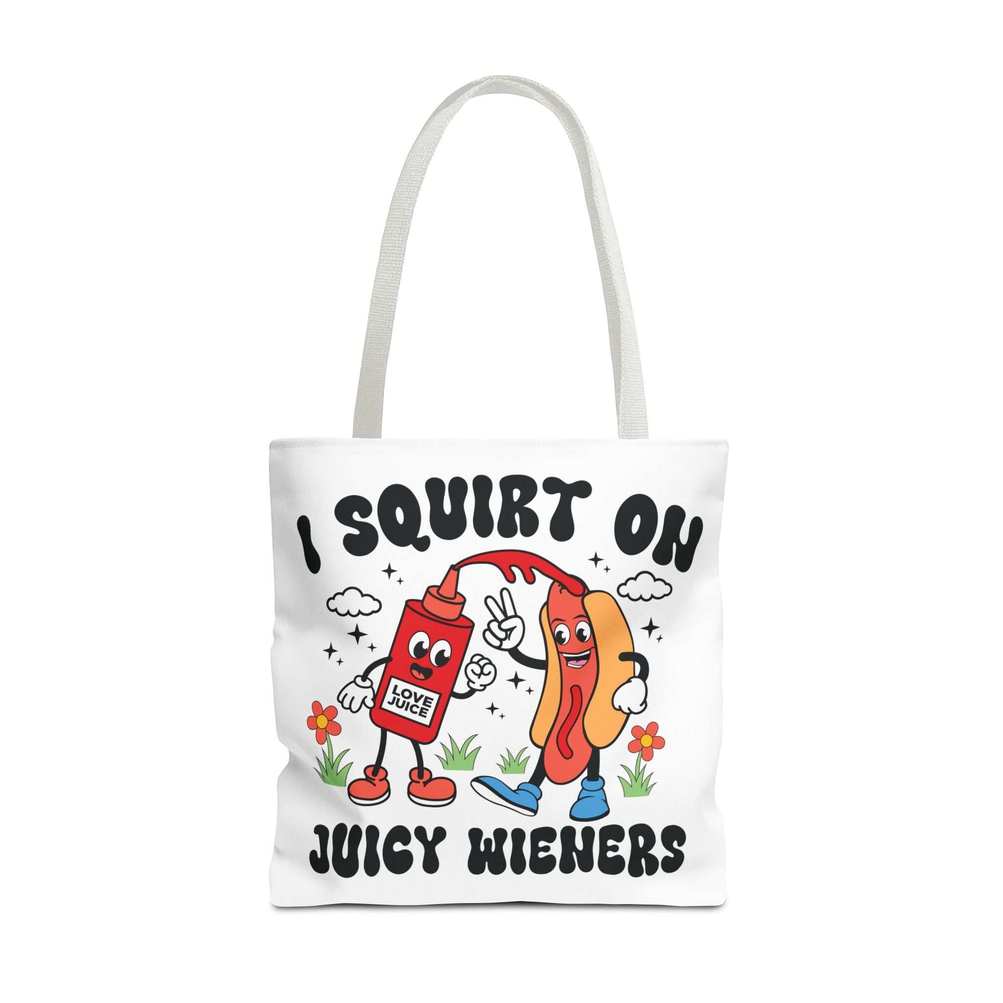 Cheeky Juicy Wieners Fun Tote Bag with colorful handles, durable polyester, reusable and lightweight design