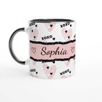 Personalised cute Valentines Day mug with heart design and customizable name.