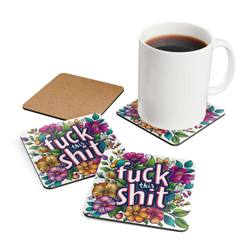 Rude coaster set with colorful floral design and humorous text, featuring high-gloss MDF tops and cork backs.