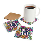 Rude coaster set with colorful floral design and humorous text, featuring high-gloss MDF tops and cork backs.