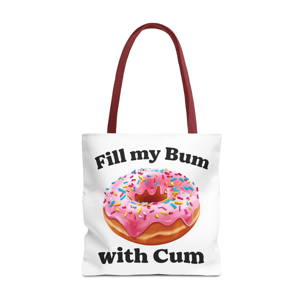 Provocative donut tote bag with cheeky design, durable spun polyester, multiple sizes and handle colors, lightweight and reusable.