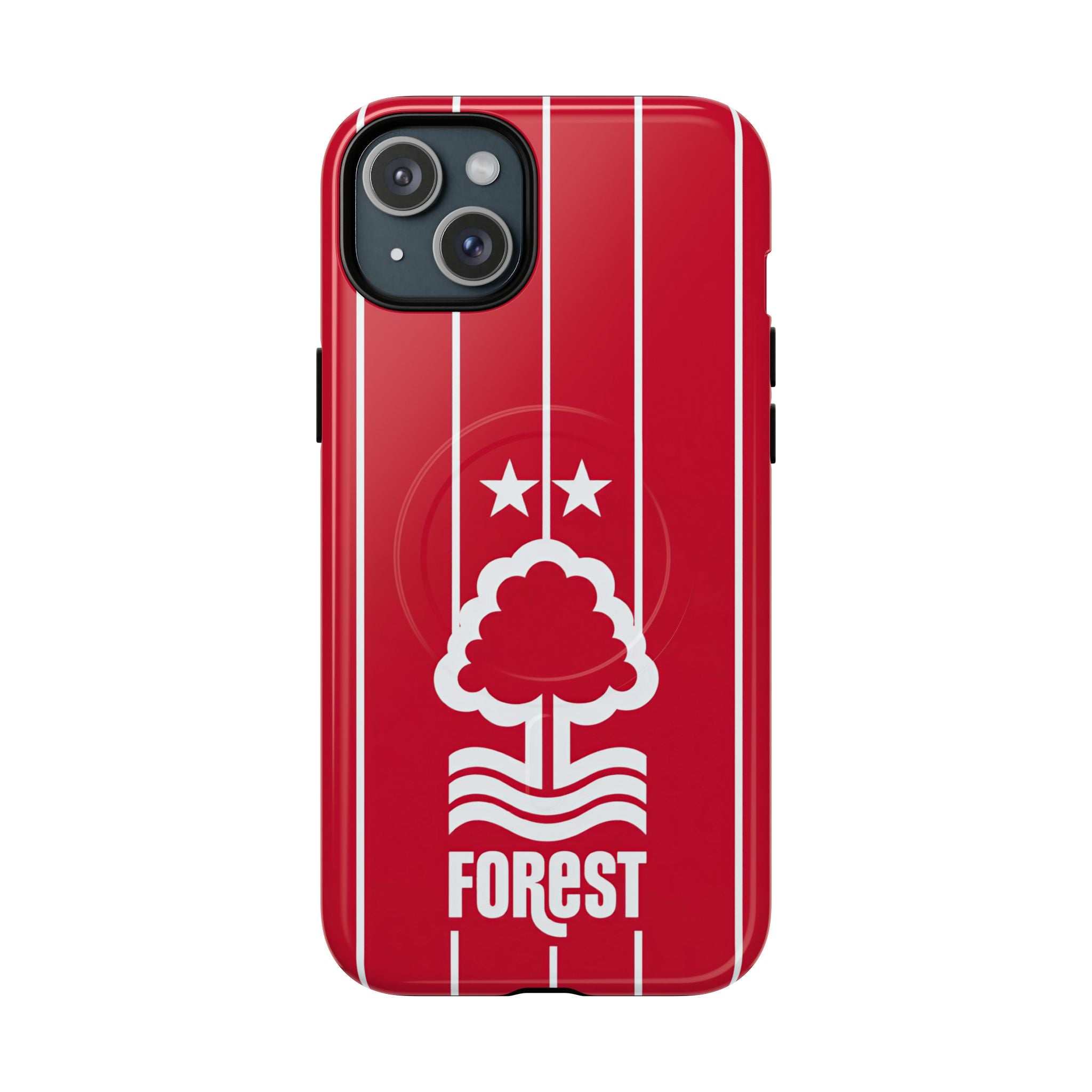 Nottingham Forest red MagSafe iPhone case with white club crest and stripes, dual layer protection, and wireless charging compatible