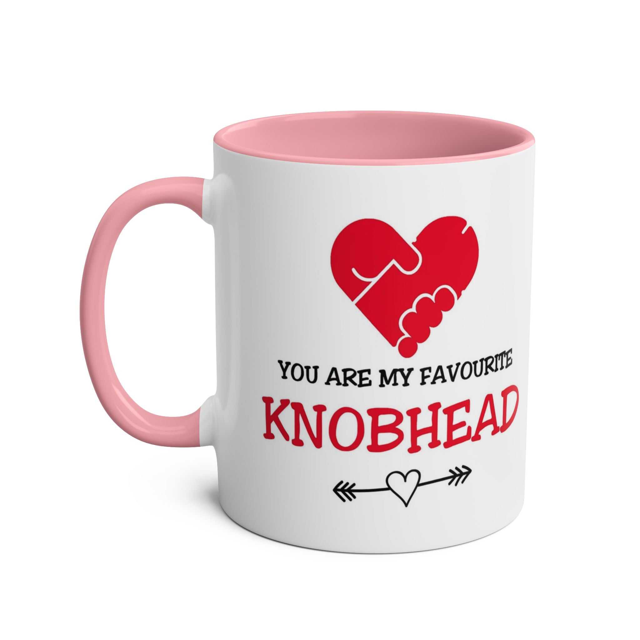Funny Favourite Knobhead Mug with heart design, pink interior and handle, dishwasher safe.