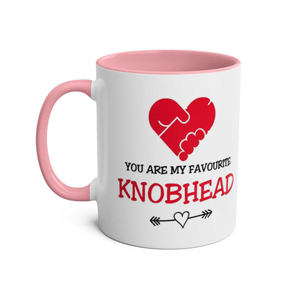 Funny Favourite Knobhead Mug with heart design, pink interior and handle, dishwasher safe.