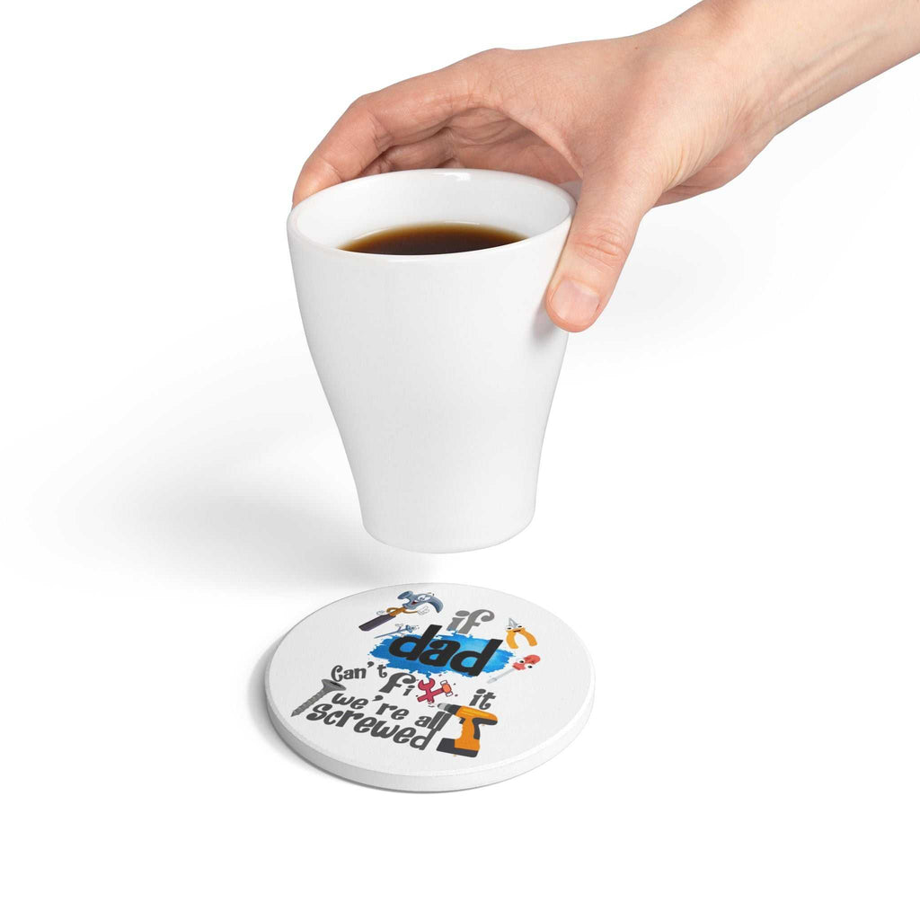 "If Dad Cant Fix It" ceramic coaster with beer illustrations and cork backing for hot and cold drinks