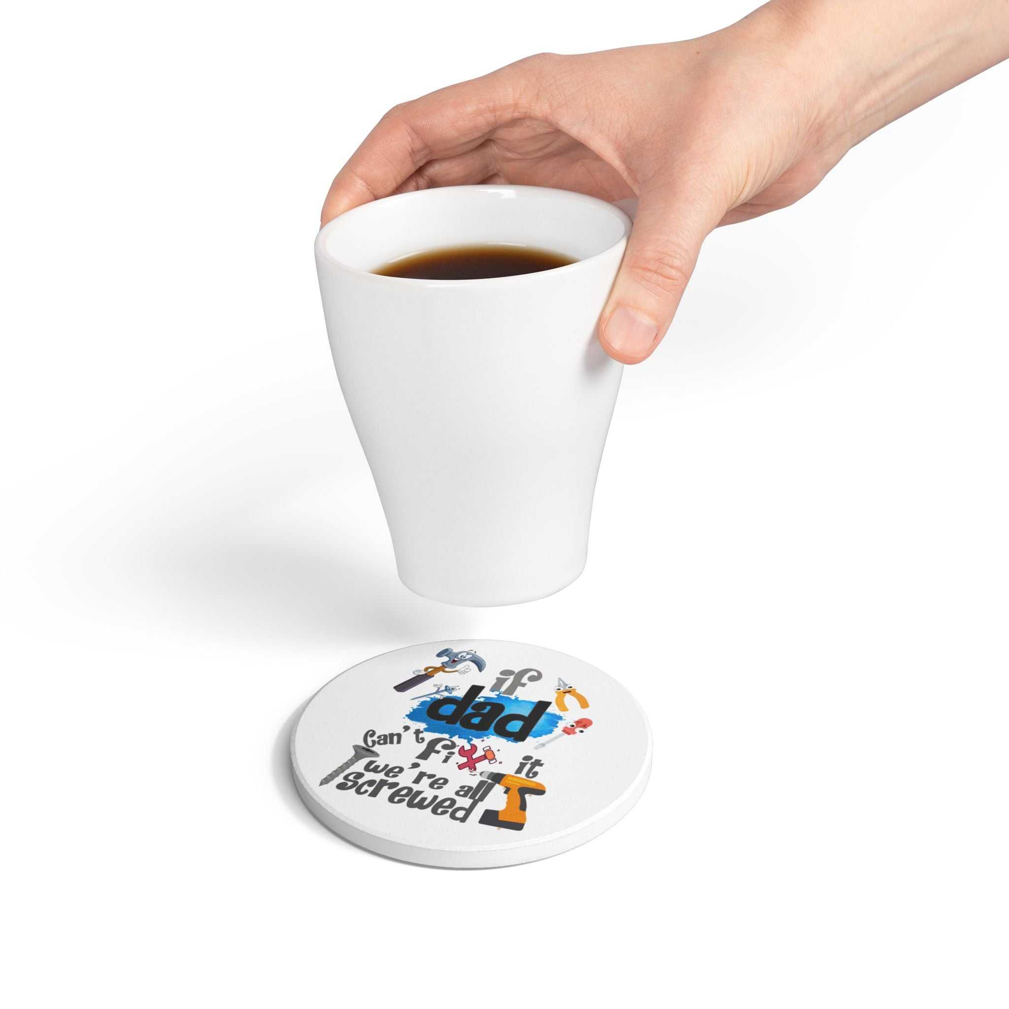 "If Dad Cant Fix It" ceramic coaster with beer illustrations and cork backing for hot and cold drinks