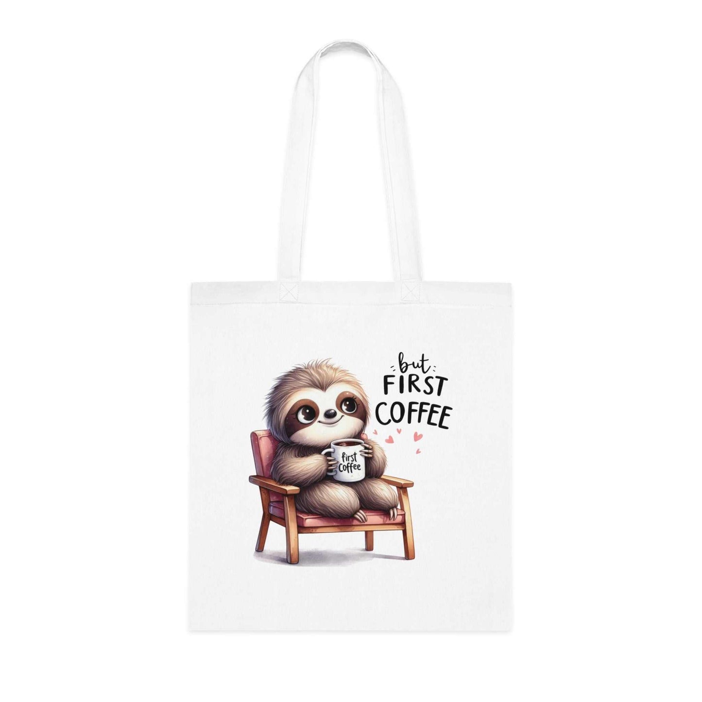 Cute sloth design on cotton tote bag with "But First Coffee" text.