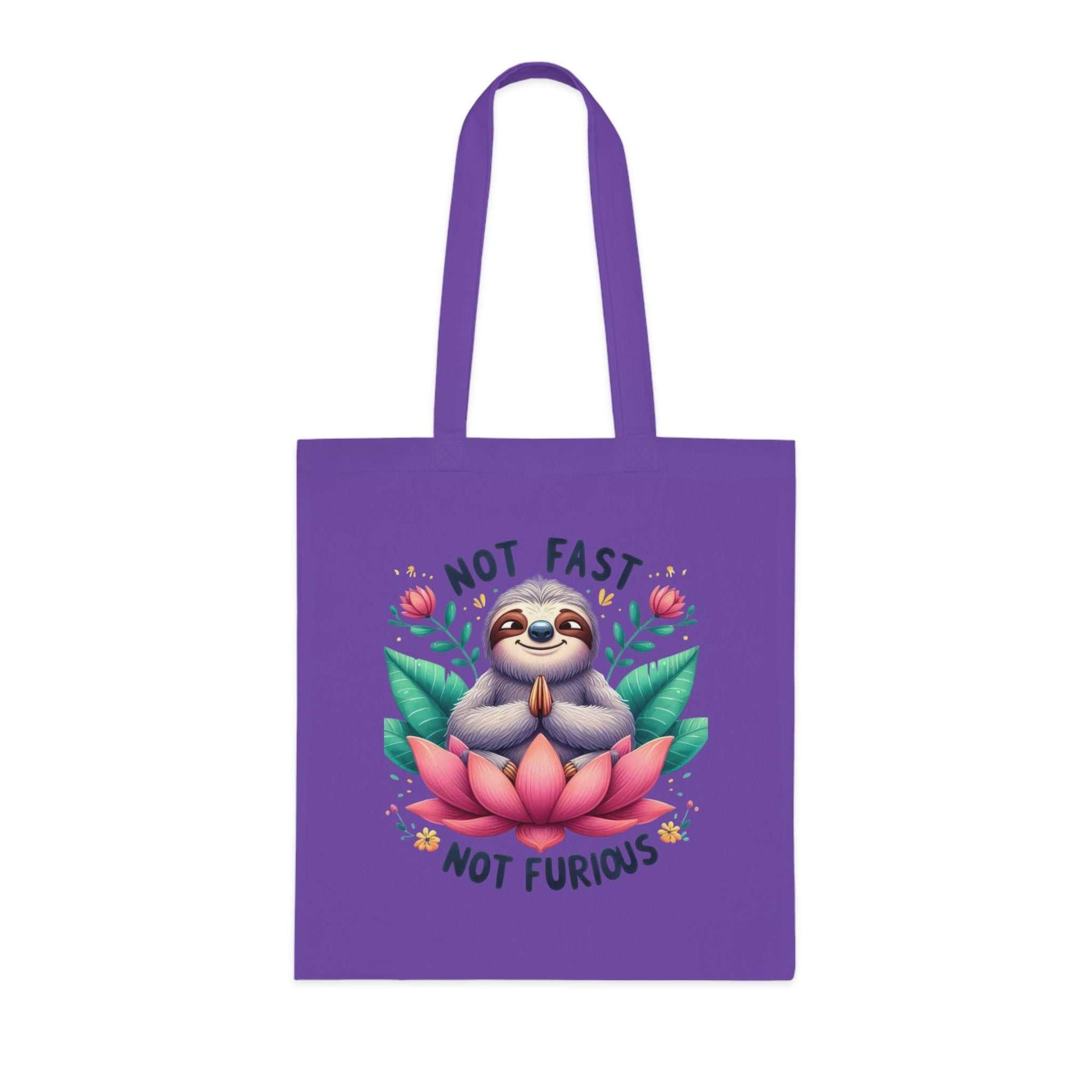 Purple cotton tote bag with a cute sloth design, vibrant colors, and the text "Not Fast, Not Furious."