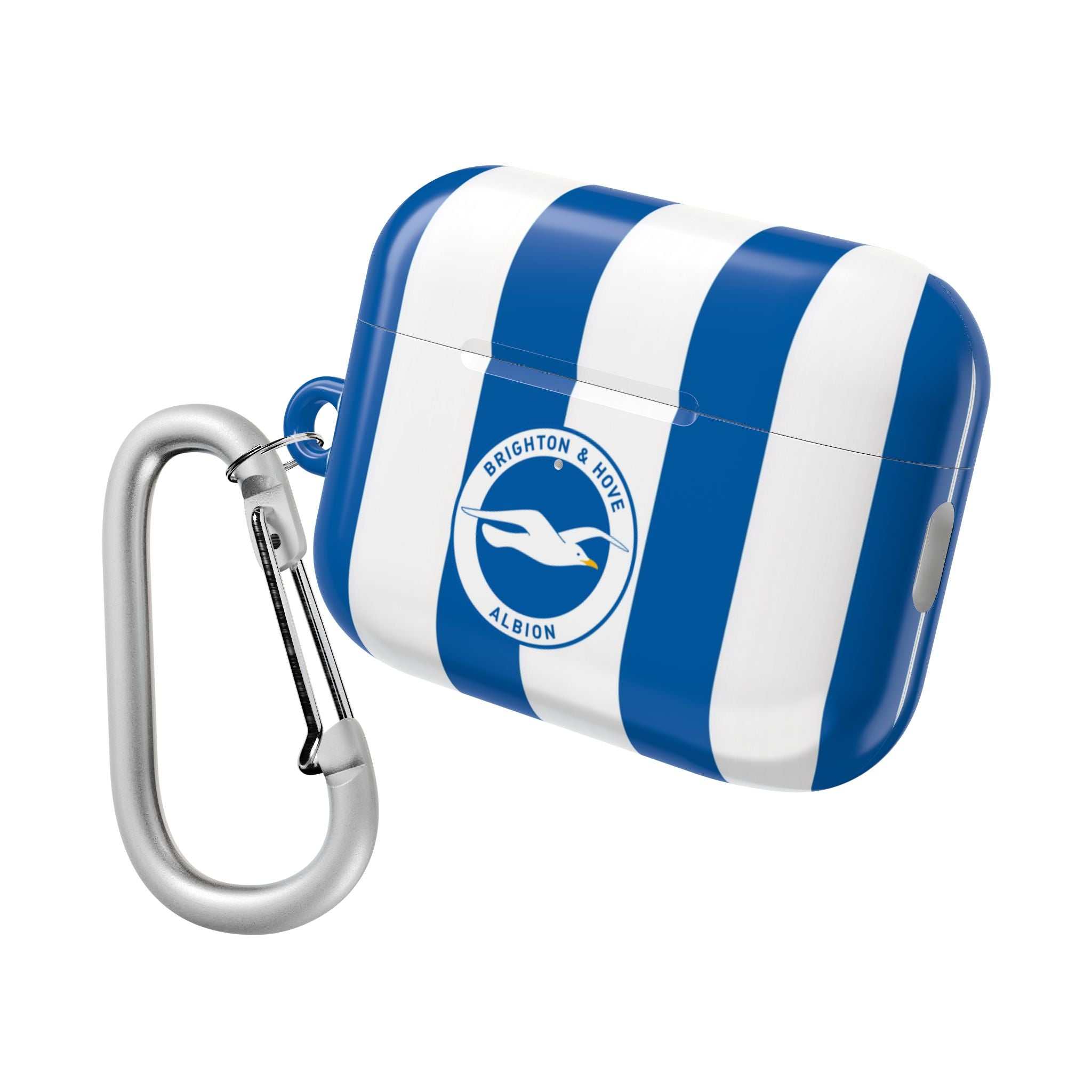 Brighton FC AirPods protective case with blue and white stripes and club crest, shock-resistant and wireless charging compatible