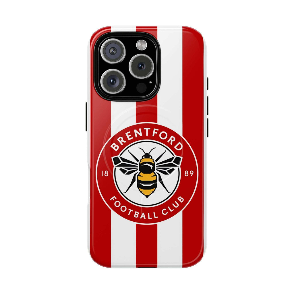 Brentford FC MagSafe iPhone case with red and white stripes and bee crest for wireless charging and protection