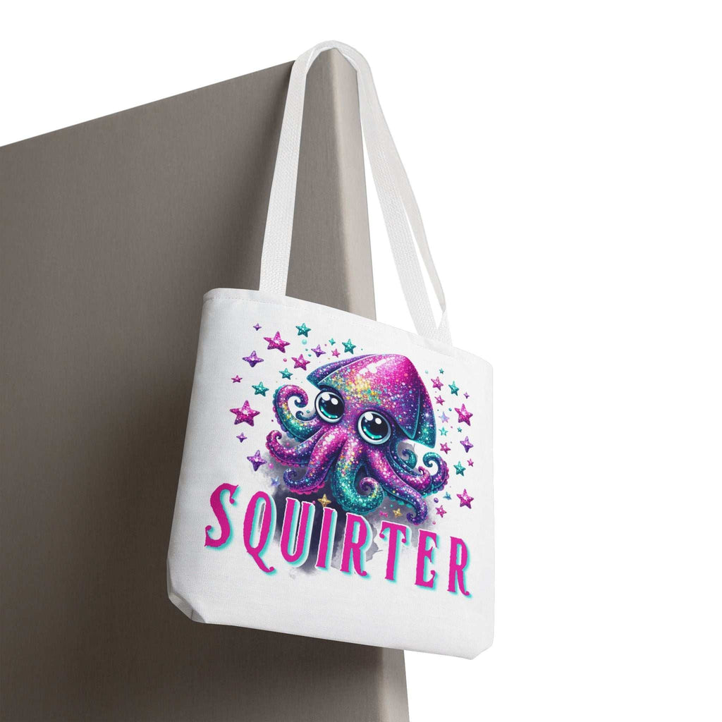 Squirter Squid Tote Bag with cheeky design, durable spun polyester, available in three sizes and multiple handle colors