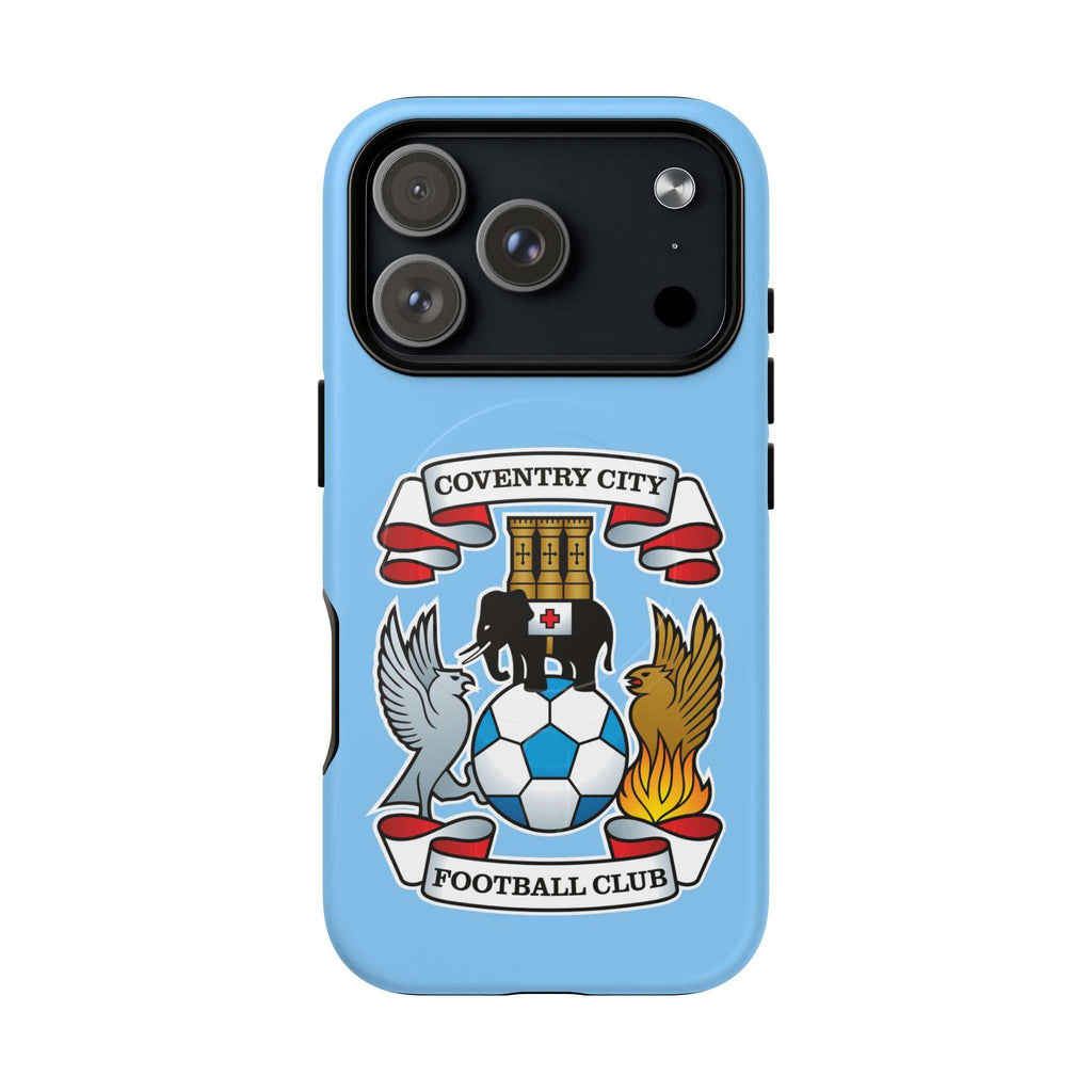 Coventry City MagSafe iPhone case in sky blue with football club crest, dual layer protection, and MagSafe compatibility