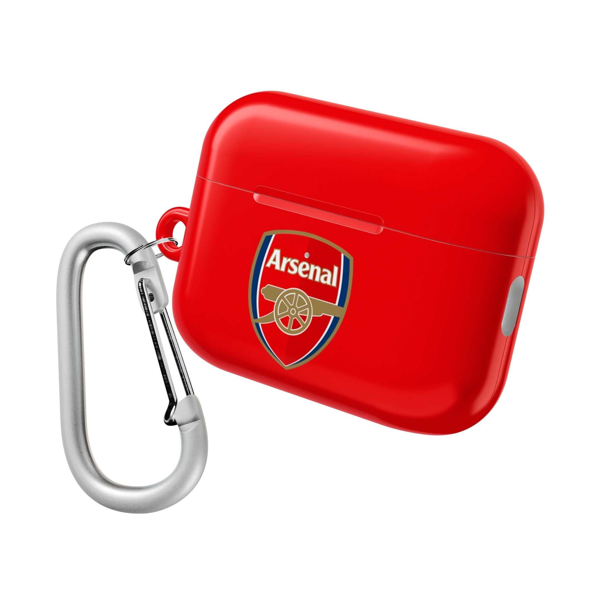 Red Arsenal FC AirPods case with club logo and silver carabiner clip