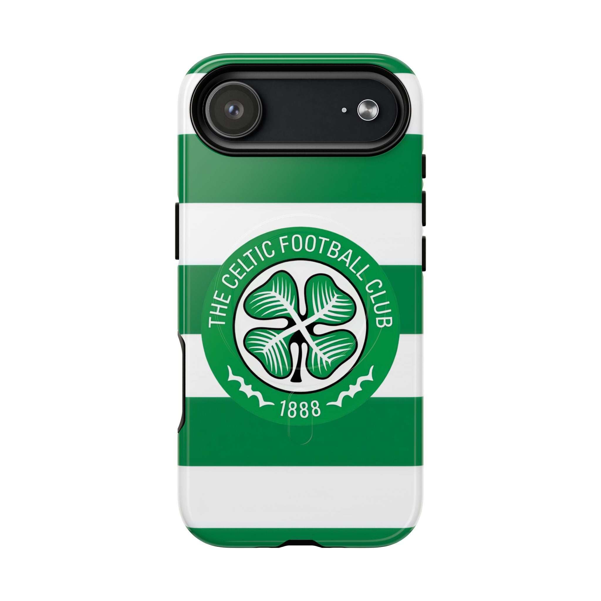 Celtic MagSafe iPhone case with green and white stripes and Celtic Football Club crest, dual-layer protection, MagSafe compatible.