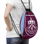 Burnley FC drawstring bag in claret and blue with club crest, lightweight polyester, spacious and durable for gym, school, and travel.