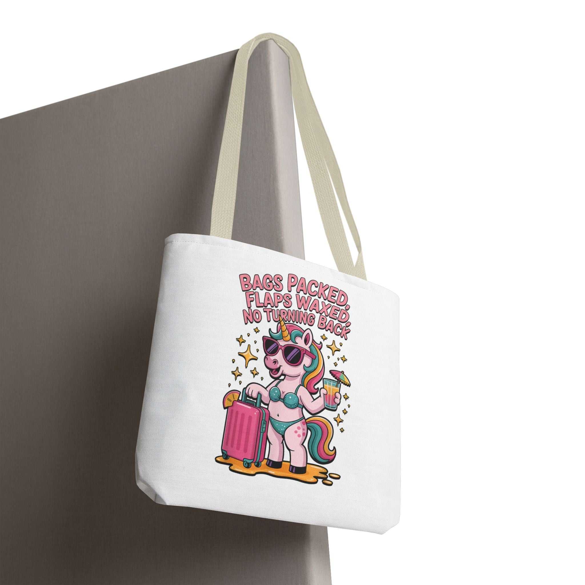 Fun Unicorn Travel Tote Bag with cheeky design and colorful handles