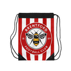 Brentford FC drawstring bag with red and white stripes and bee crest, lightweight and durable polyester, ideal for sports and everyday use