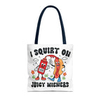 I Squirt On Juicy Wieners Fun Tote Bag with cheeky hot dog print and colorful handles