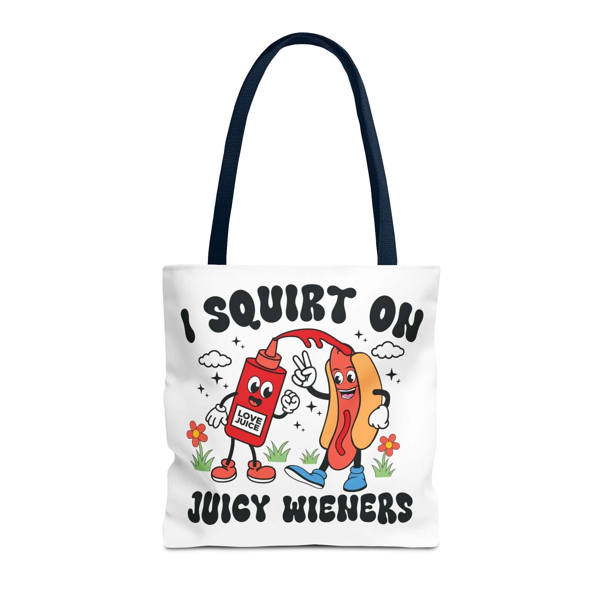 Juicy Wieners Fun Tote Bag with cheeky design, durable polyester, multiple sizes and handle colors