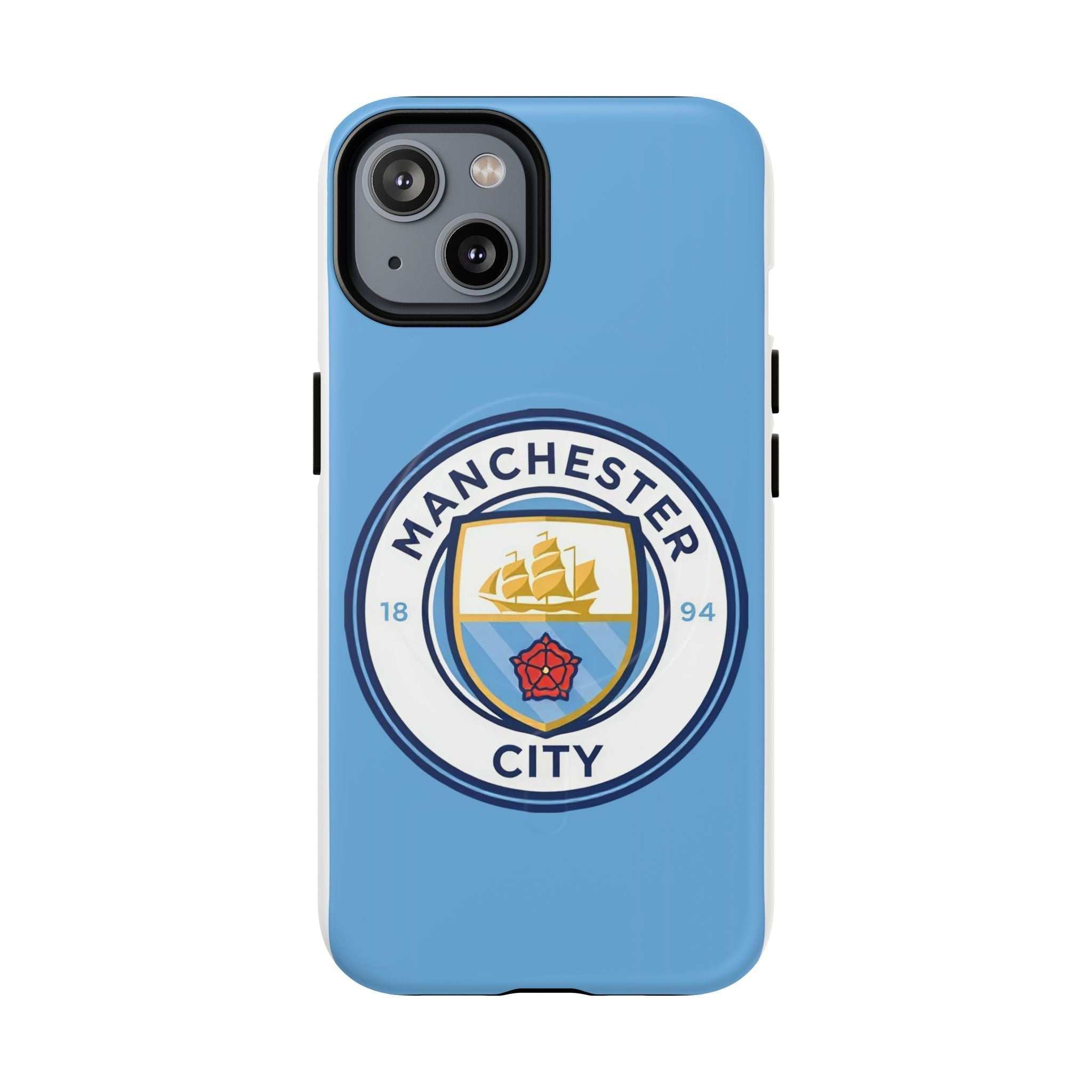 Manchester City MagSafe iPhone case in sky blue with official-inspired club logo, dual-layer protection, and MagSafe compatibility
