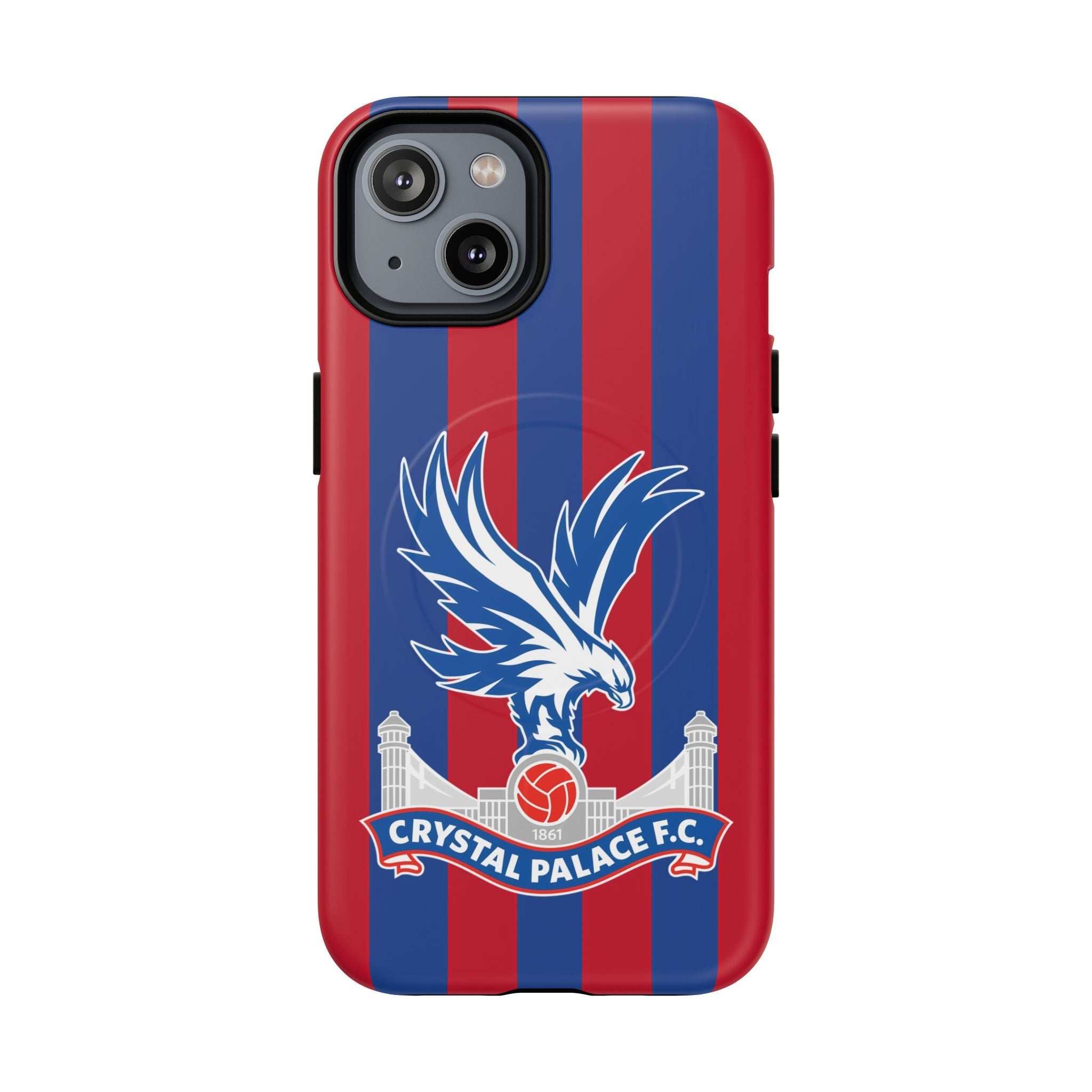Crystal Palace MagSafe iPhone case with red and blue stripes and eagle crest, durable dual-layer protection