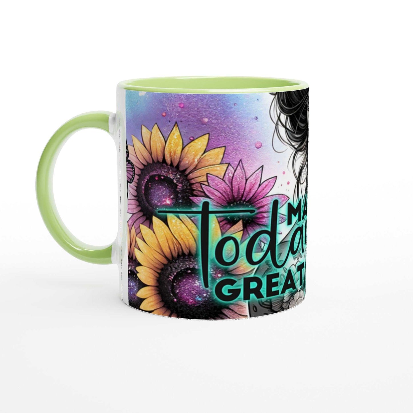 Make Today Great motivational coffee mug with colorful sunflower design, 11oz ceramic, green handle, ideal for positivity boost.