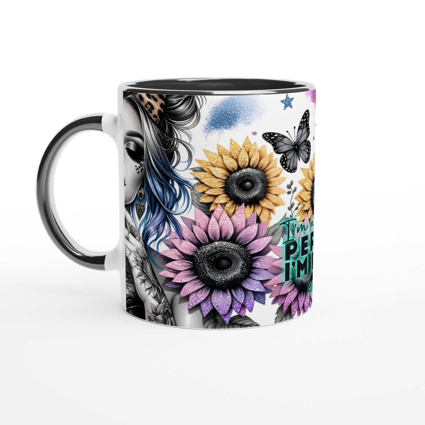 I'm Not Perfect motivational coffee mug with vibrant floral design, 11oz ceramic, two-tone, dishwasher and microwave safe.