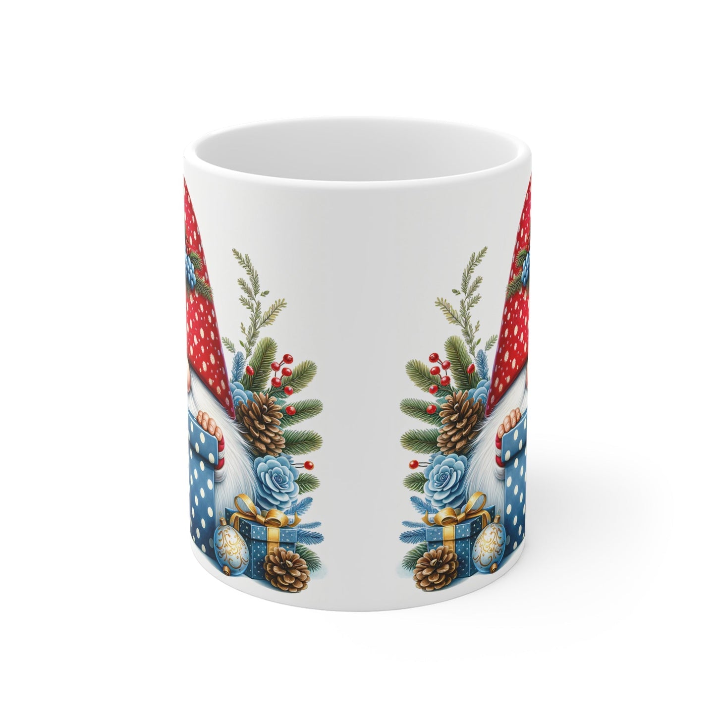 Christmas gnome mug with festive design and glossy finish, 11oz ceramic.