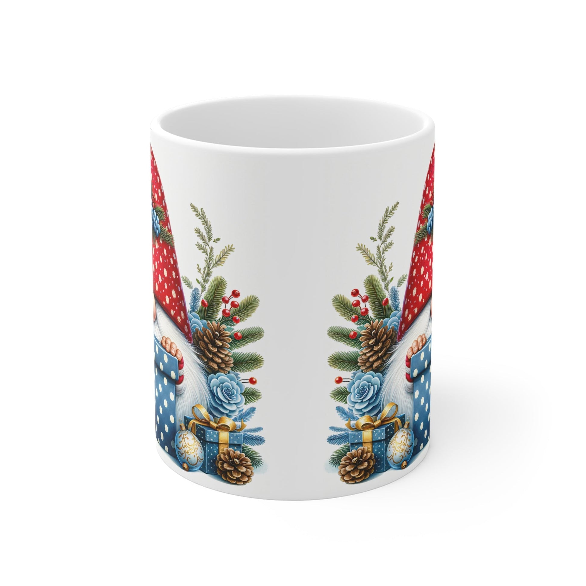 Christmas gnome mug with festive design and glossy finish, 11oz ceramic.