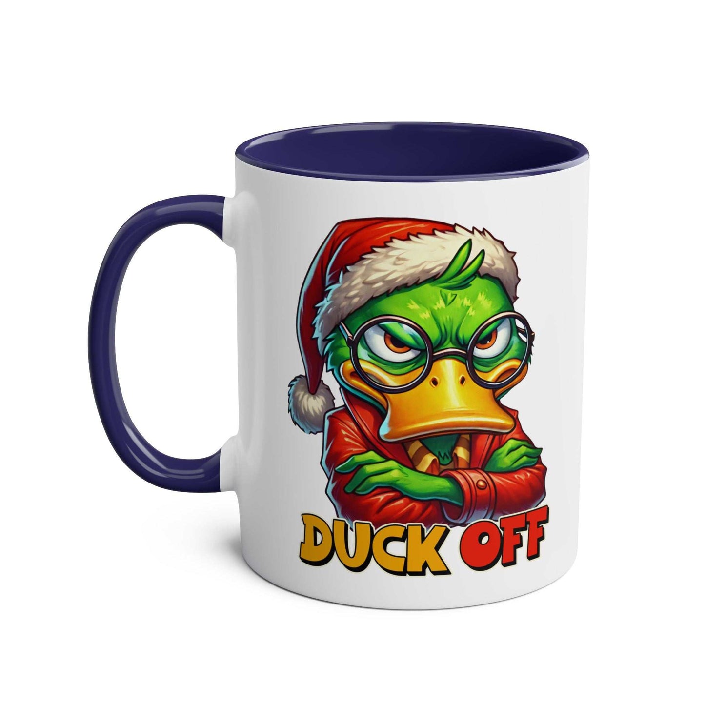 Sarky Christmas Mug with duck design, available in 7 colors, 11oz ceramic, microwave and dishwasher safe.