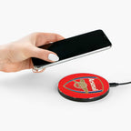 Arsenal FC Wireless Charger with red and white cannon crest, 10W fast charging, durable aluminium casing, and 10cm non-slip surface for Qi-enabled devices