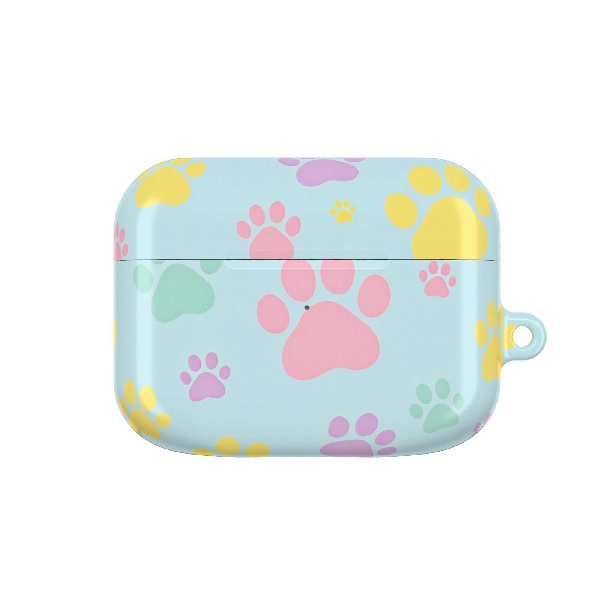 Pastel Doggy Paw hard shell AirPods case with colorful paw prints and glossy finish