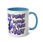 Cheeky Fun Coffee Mug with playful purple text and cat design, blue handle and interior, 11oz ceramic, dishwasher safe