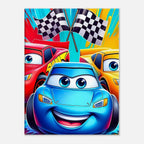 Vibrant Cars Wall Canvas with colorful racing car design featuring checkered flags.