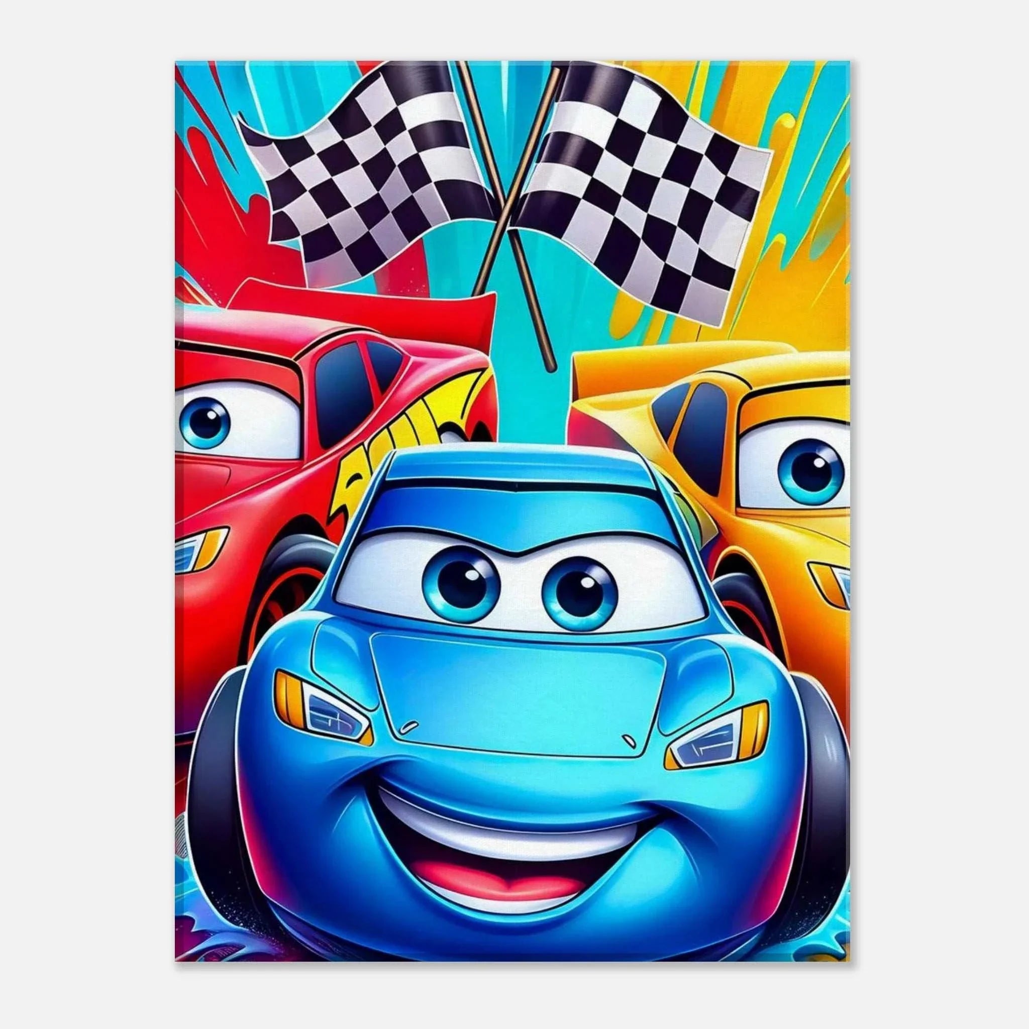 Vibrant Cars Wall Canvas with colorful racing car design featuring checkered flags.