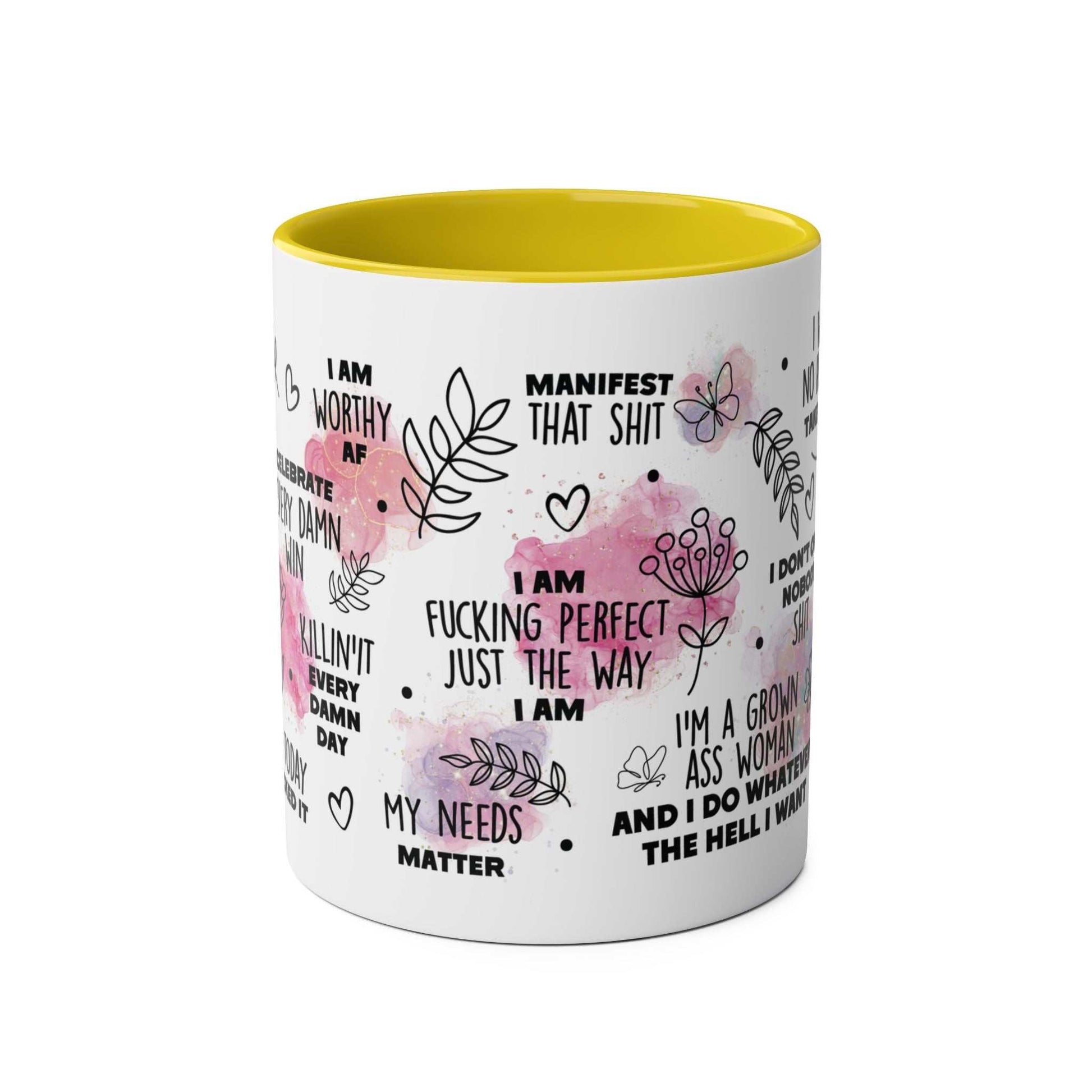 Colorful Sweary Quotes Coffee Mug with cheeky sayings and floral designs.