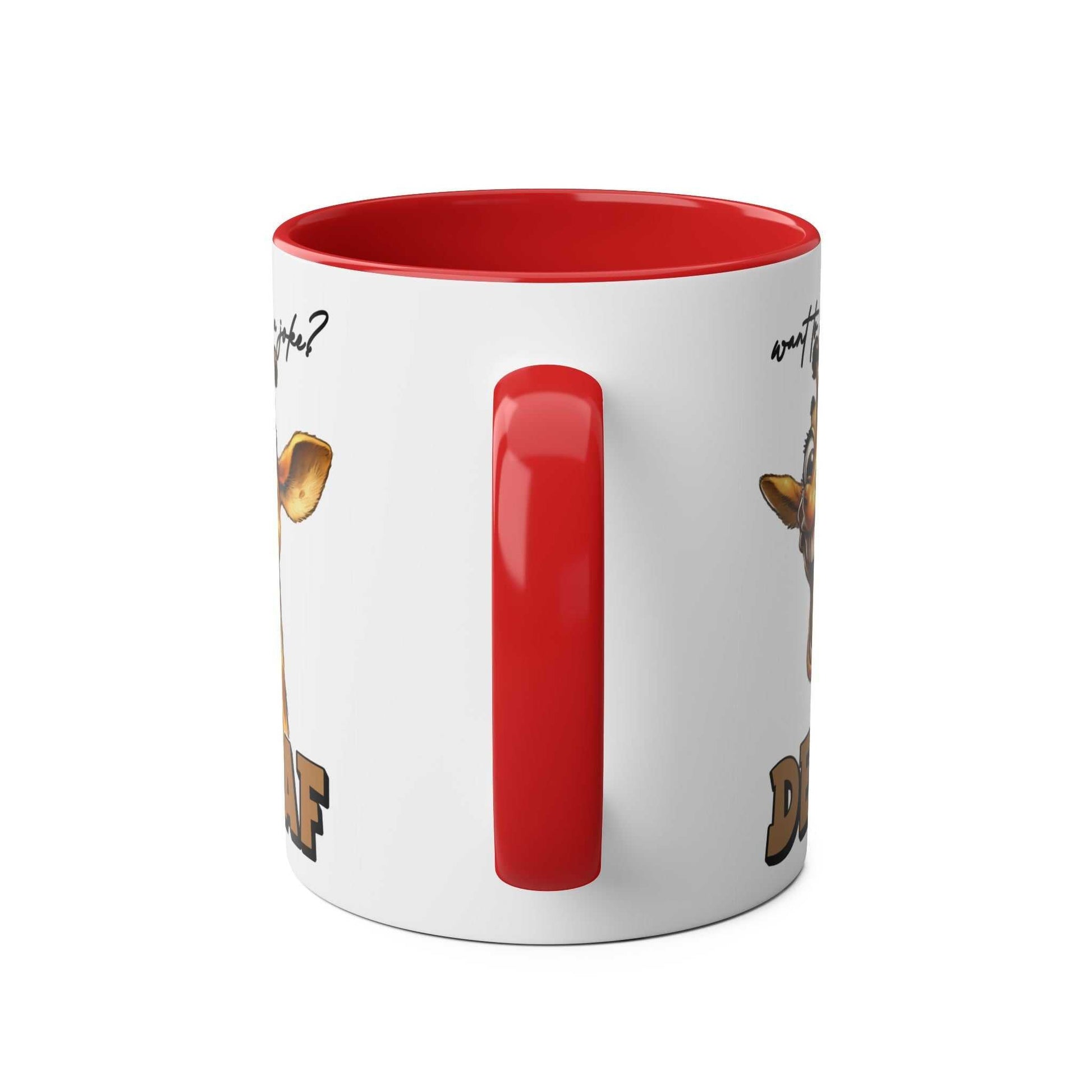 Decaf Joke Coffee Mug featuring a funny giraffe design with a red handle and rim.