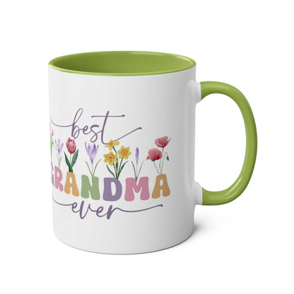Best Grandma Ever Mother's Day Gift Mug with floral design, green handle, and interior.