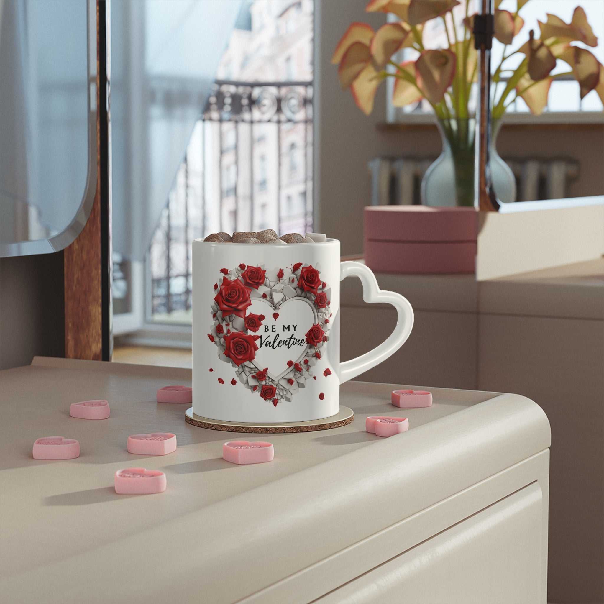 Valentines Day mug with heart-shaped handle and vibrant design on display.