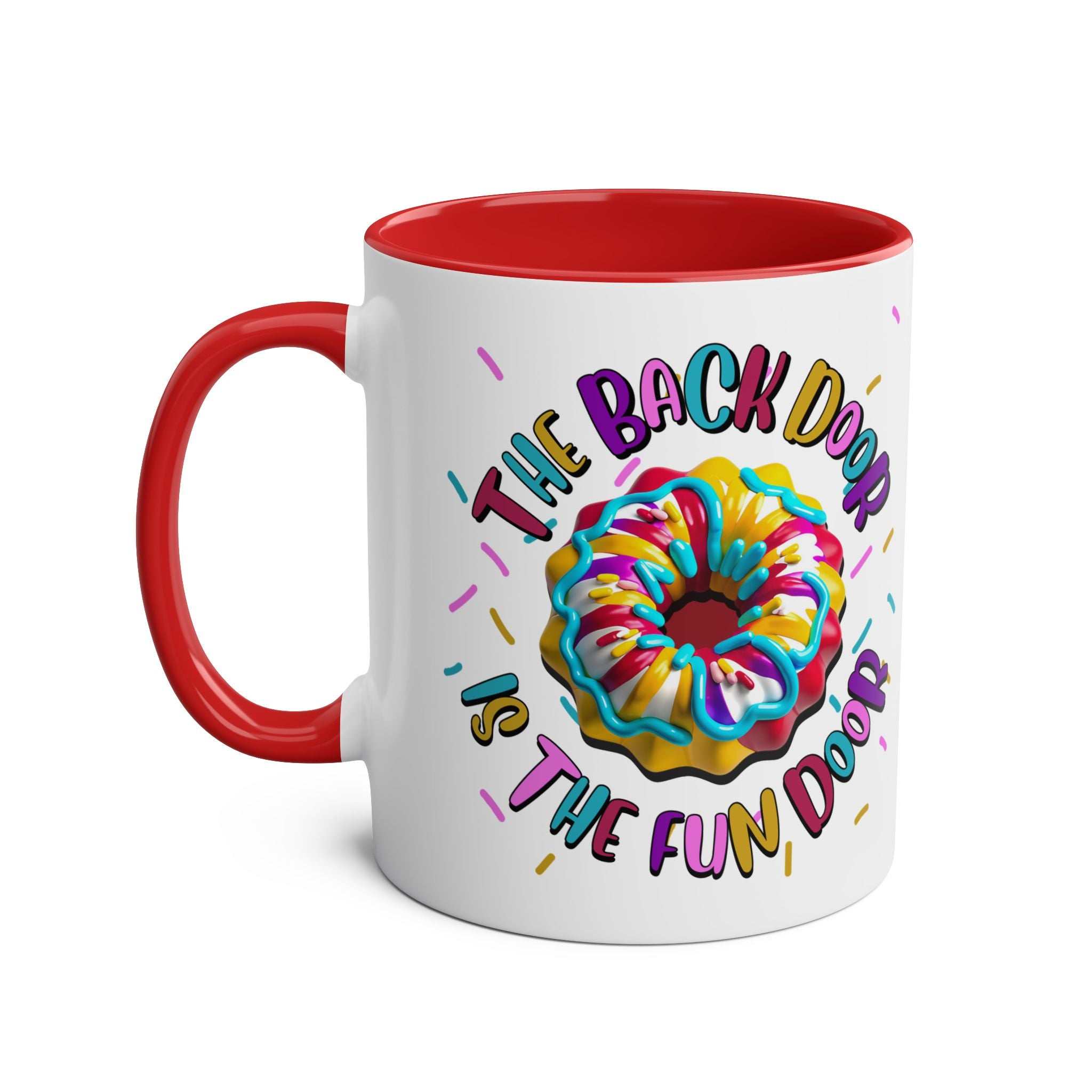 The Back Door is the Fun Door Mug with cheeky slogan on colorful ceramic cup