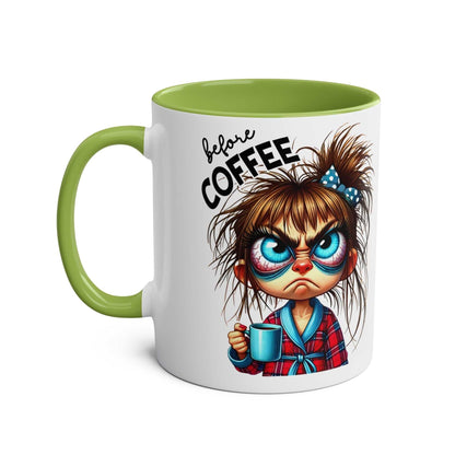 Fun sarcastic coffee mug with cartoon illustration, green handle, and glossy finish, perfect for humor-loving coffee enthusiasts.