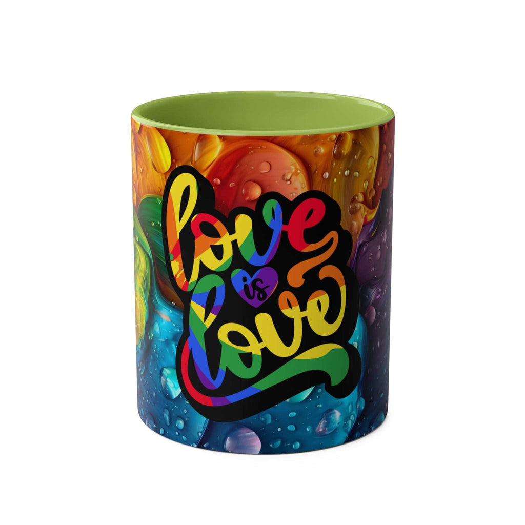 LGBTQ+ Pride mug with vibrant rainbow design and "Love is Love" text.