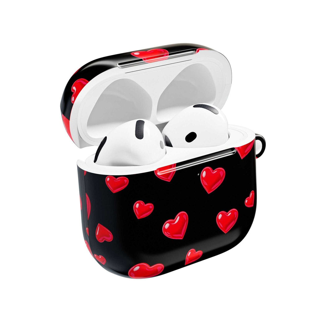 Black Hearts AirPods Case with vibrant red hearts on glossy black hard shell, protective and stylish for AirPods and AirPods Pro.