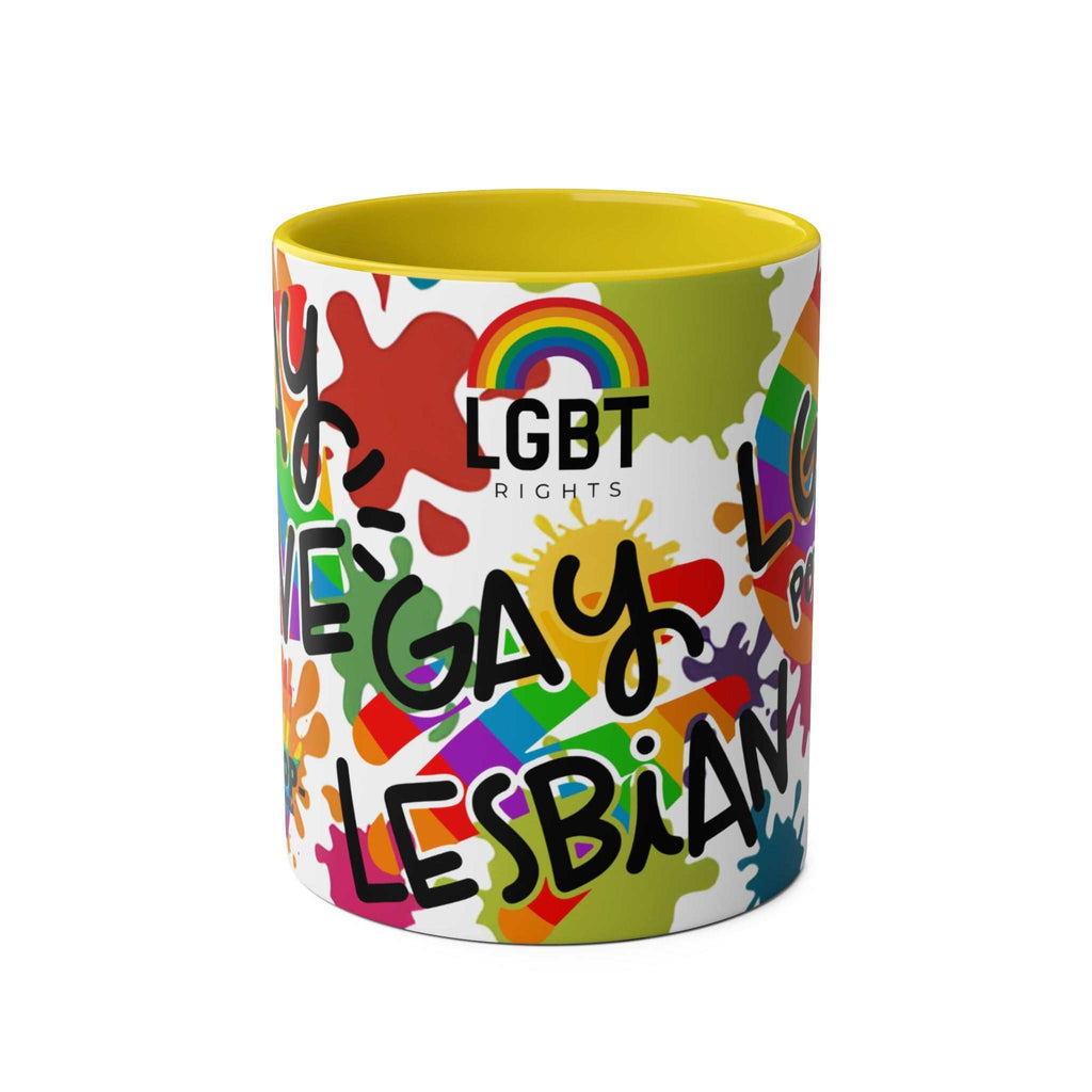 Vibrant LGBTQ+ Pride mug with rainbow design and empowering messages.