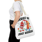 I Squirt On Juicy Wieners Fun Tote Bag with cheeky hot dog design and durable fabric